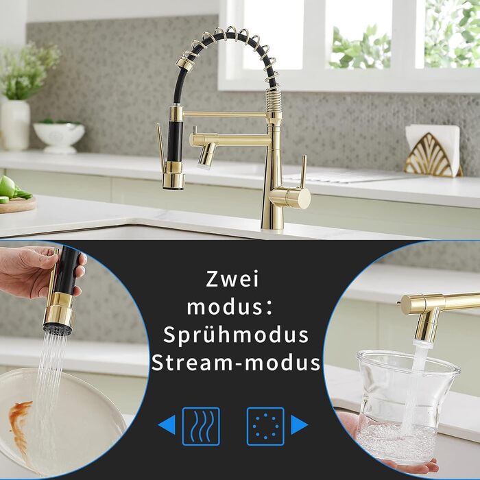 Змішувач кухонний LED Chrome з висувною лійкою, 360° поворот, 2 виходи, високий тиск (золотий)