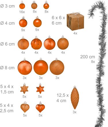 Набір прикрас для ялинки Relaxdays 110 шт., пластикові кулі та гірлянди, новорічний декор