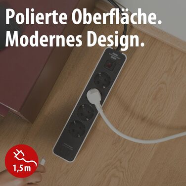 Брененштуль Розподільник розеток Ecolor 4-фазний з USB (білий/чорний) з вимикачем, 1.5м кабель, 4 розетки та 2 USB-порти (USB-C)