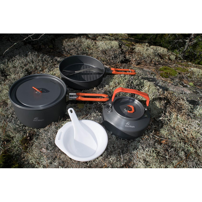 Набір кухонного посуду для кемпінгу Fire-Maple Feast 2: каструля, чайник, сковорода, миски та лопатка для 1-3 осіб (Помаранчевий)