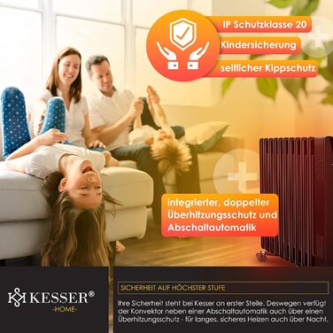 KESSER® 2500W Oil Radiator Mobile Electric Heater - Energy-Saving with WiFi App Control & LED Touch Display Remote Control. Oil Radiator Heater, Electric, 11 Ribs, 24h Timer, Overheat Protection, Black / 2500w