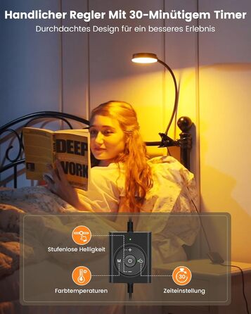 Glocusent 5W LED Лампа для читання на ліжко, кліпса, 36 LED, 5 рівнів яскравості, гнучкий тримач, CRI 90, USB зарядка (біла)