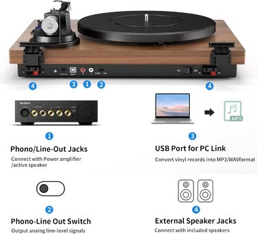 Програвач вінілу HiFi Bluetooth USB з колонками, стереосистема Dual, дерев'яний корпус, регульоване противага, картридж магнітного типу, RCA вихід