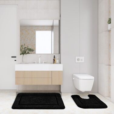 SOANNY Bath Mat Set - 2 Pack Microfiber Bathroom Rugs - Non-Slip, Water Absorbent - 53x86 cm & 50x50 cm - Black