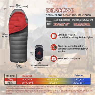 Спальний мішок для дорослих з пухом, 680FP, Outdoor, зимовий, для кемпінгу, походів та подорожей, з компресійним мішком, -10°C, сірий