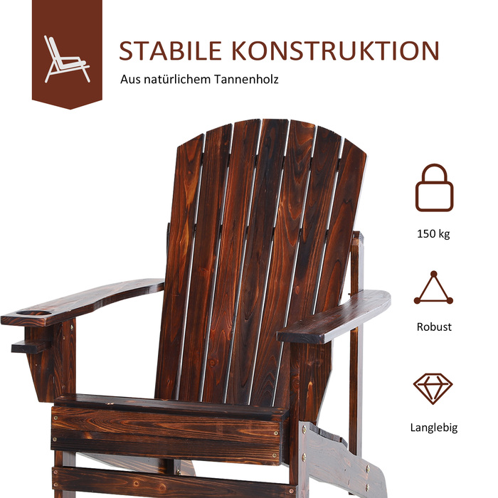 Крісло Adirondack Outsunny з підстаканником, масивне дерево з обвугленим покриттям, 72,5 x 97 x 93 см, ідеально підходить для балкону та тераси