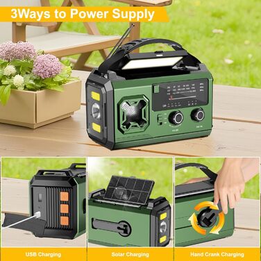 Радіо Kurbelradio на сонячній батареї 27000mAh з Bluetooth, FM/AM, SOS-сигналом, ліхтариком та компасом для кемпінгу та надзвичайних ситуацій (армійсько-зелене)