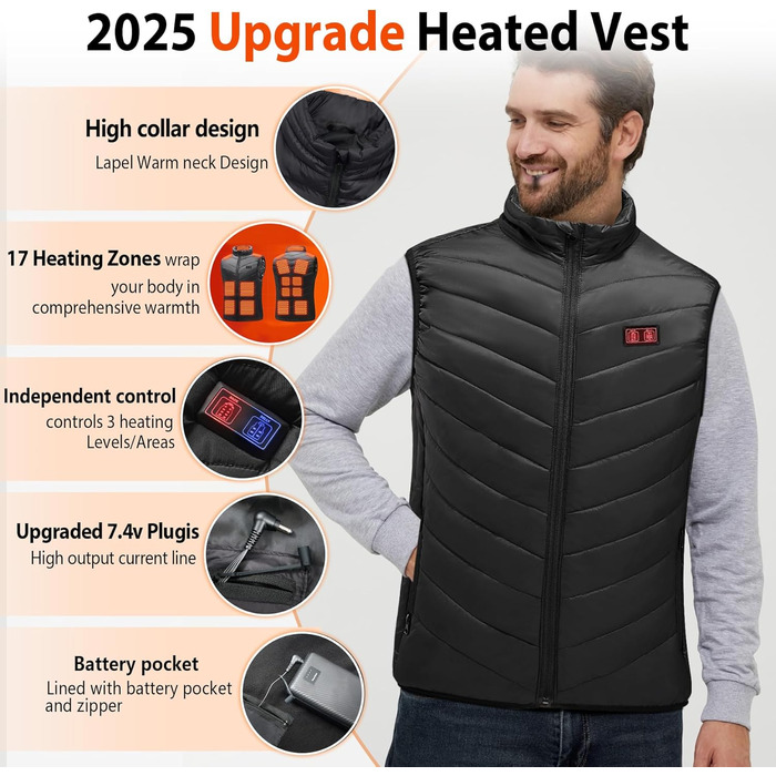 Електрична гріюча жилетка з акумулятором 27000mAh 7.4V, 17 зон нагріву, для чоловіків та жінок, чорна