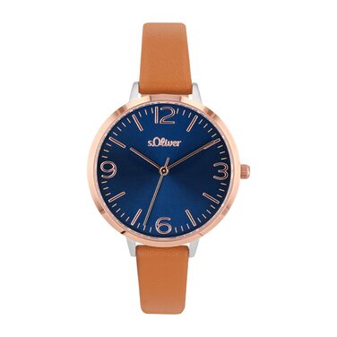 Годинник наручний s.Oliver для жінок, кварцовий, аналоговий, з шкіряним ремінцем, водостійкий, у подарунковій коробці (IP рожеве золото / блакитний)