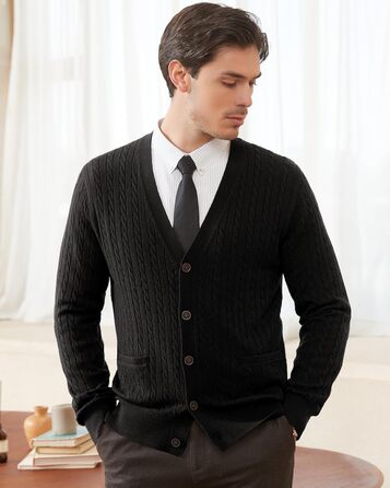 Чоловічий кардиган Kallspin з в'язаного з мікрофібри з косими візерунками, з ґудзиками та кишенями (S, Чорний)