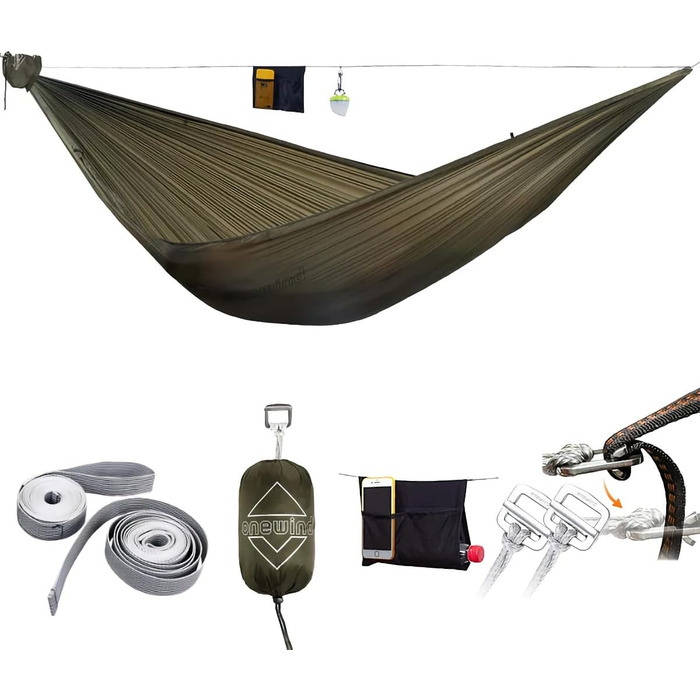onewind Long Ultra-Light Camping Hammock for Backpackers, Portable, Compact, Ideal for Hiking, Camping, Travel (Od Green - with Ultra-Light Tree Straps, 335cm * 140cm)