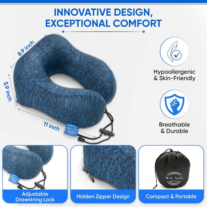 Подушка для шиї W.S. Sells з піною Memory Foam, комплект для подорожей (маска для сну, навушники, чохол), для літака, авто, пригод (темно-синій)
