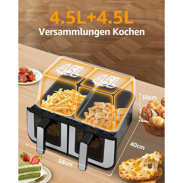 Фритюрниця повітряна Jacgood з 2 кошиками, 1800W, 9L, цифрове керування, 8 меню, з прозорим вікном