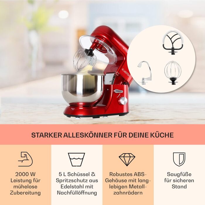 Klarstein Kitchen Machine, Stand Mixer with 5L Bowl, 2000W Professional Kitchen Machine with Dough Hook and Whisk, Universal Kitchen Machine with 6 Speeds, Dough Machine for Stirring, Kneading and Whipping Coral