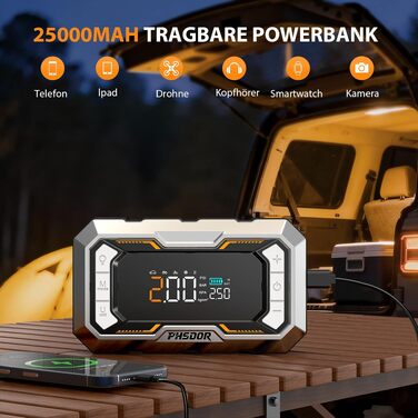 Пусковий пристрій (бустер) 8000A з компресором 150 PSI та Powerbank 25000mAh для авто (бензин до 12л, дизель до 10л), з LED-ліхтарем, помаранчево-сріблястий