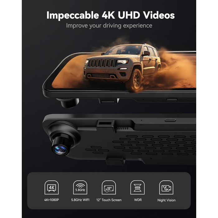 WOLFBOX Dashcam G840S 4K: Дзеркало-відеореєстратор з камерою заднього виду, WiFi, IPS-екран, GPS, 32GB, G-сенсор, Park Mode