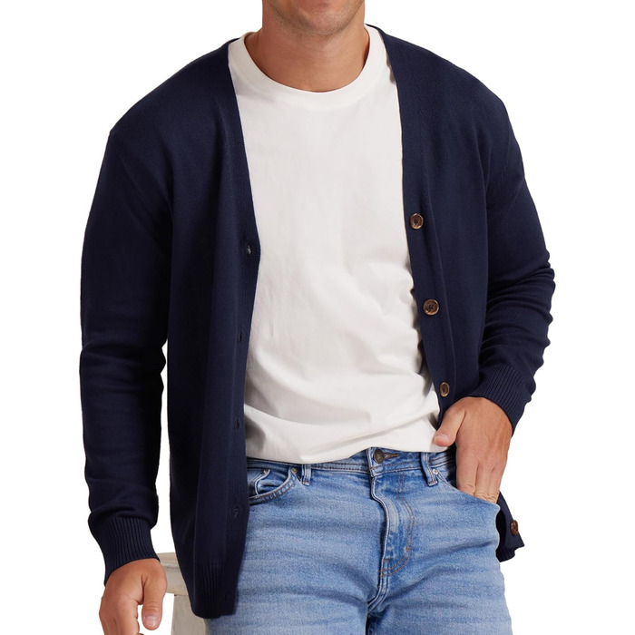 Чоловіча в'язана кофта NITAGUT, вінтажний смугастий дизайн, довгі рукави, V-подібний виріз, ґудзики (L, темно-синій)