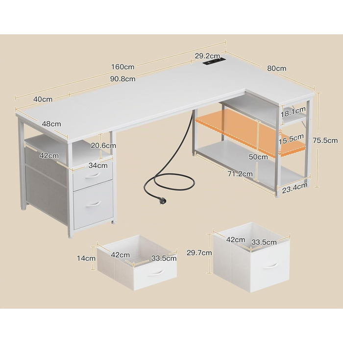 Ігровий кутовий стіл Coleshome з 2 шухлядами, 160×80 см, білий