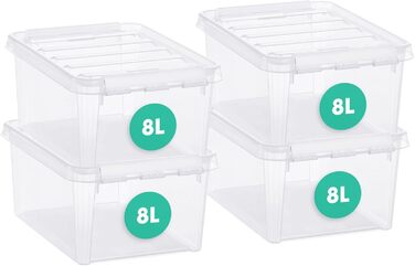 SmartStore - 4x Storage Box with Lid Classic 8L (34x25x16cm) | Stackable Box with Lid | Food-Safe Plastic Box | Plastic Box with Lid & Reinforced Corners | 10 Year Warranty