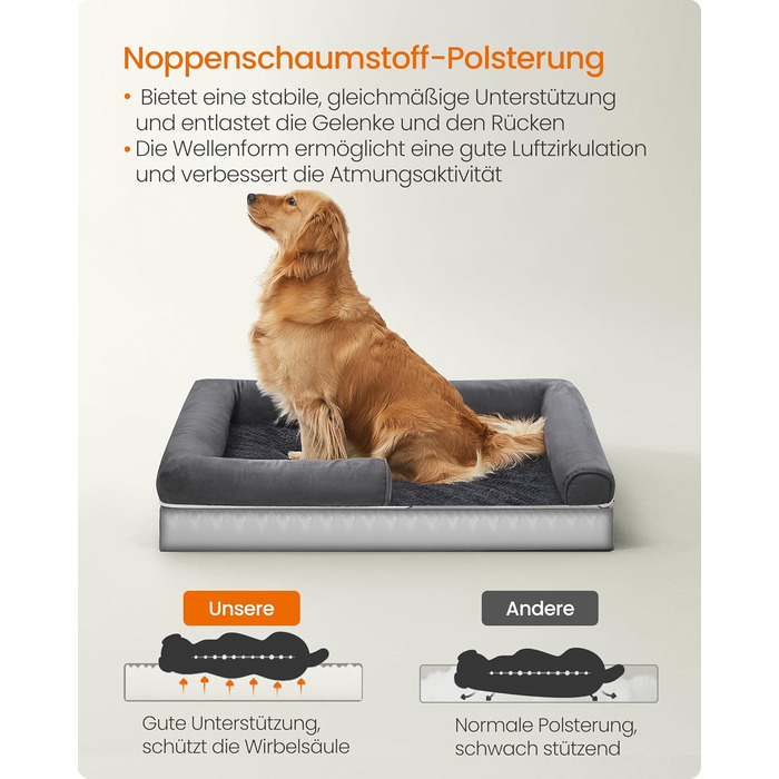 Ортопедичне ліжко для собак Feandrea, м'яке, з піднятими бортиками, знімний чохол, 112 x 86 x 18 см, темно-сірий