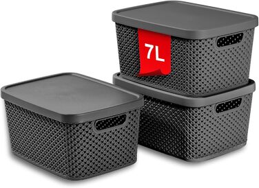 PREMIUM 3-Piece XXL Storage Box Basket Set with Lid Organizer - Ideal for Office, Closet, Wardrobe, Kitchen & Household (Anthracite, 3-Piece Set 7 Liters)