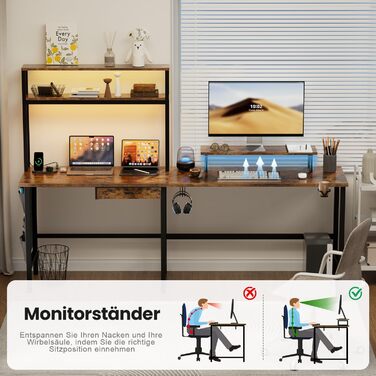 Ігровий стіл кутовий 150x100 см з 3 розетками та 2 USB, зворотний, з LED підсвіткою, з ящиками та підставкою для монітора. Колір: коричневий.