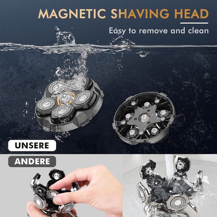 Електричний гоління голови для чоловіків Kibiy, головний бритва з 6 магнітними лезами, IPX7 водонепроникний, LED-дисплей, зарядка Type-C (тільки магнітні змінні насадки)