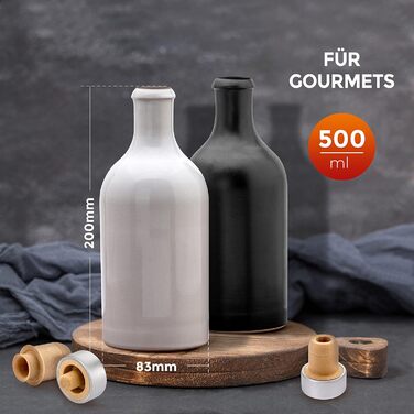 Gourmet Vinegar & Oil – Bottles with Pourer, Made in Germany, Handcrafted. Exclusive stoneware bottles, unique, timeless, and chic. Pourers in Deluxe Silver (2x 500ml, white)