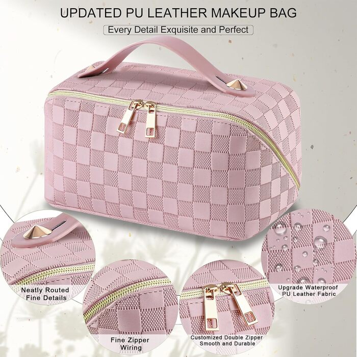 Косметичка для подорожей жіноча, велика містка, з PU шкіри, органайзер для макіяжу, косметичка-рюкзак, аксесуари для подорожей, рожеана в клітинку