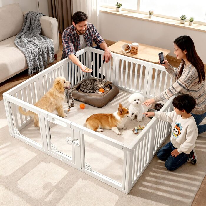 Клітка-загон для собак з дверима, безпечний загон для собак, цуценят, котів, кроликів, горностаїв, легка установка та очищення, пластиковий загон з анкерами та присосками для маленьких тварин 9+3: 150 x 150 см