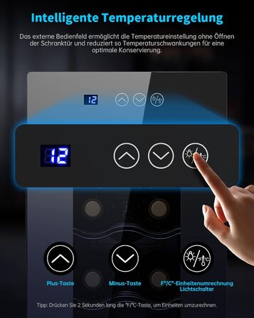 WIE 33 Liter Wine Fridge - 1 Zone Wine Cooler with Glass Door & LED Touch Panel - Mini Wine Refrigerator for 8 Bottles