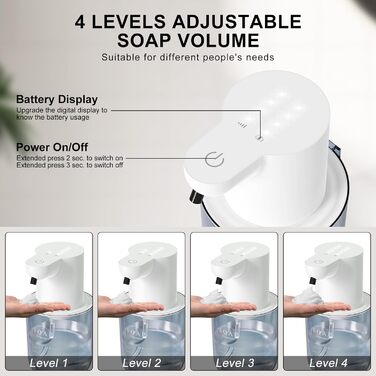 Автоматичний диспенсер для рідкого мила Cuteefun, 400 мл, сенсорний, індикатор заряду батареї, 4-рівнева регулювання дозування, настінний для ванної, кухні, чорний, піниться