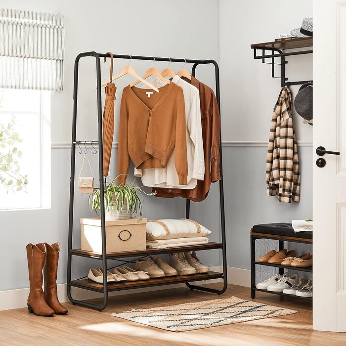 VASAGLE Clothes Rack, Coat Rack, Coat Stand, with 2 Shelves, 6 S-Shaped Hooks, Steel Frame, for Bedroom, Hallway, Entrance Area, Vintage Brown-Black RGR112B01