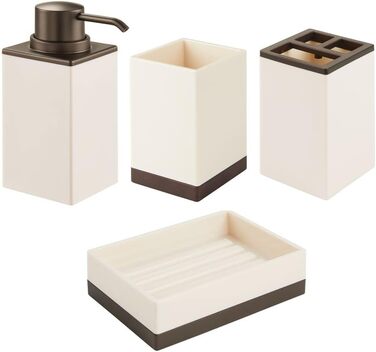 Набір аксесуарів для ванної кімнати mDesign 4-Piece – тримач для зубних щіток, дозатор мила, мильниця та стаканчик, кремово-бронзовий колір, міцний пластик
