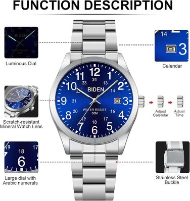 Годинник чоловічий LENQIN з нержавіючої сталі, аналоговий кварцовий годинник на зап'ястя, водостійкий 30M, стильний повсякденний годинник для чоловіків (01 - Сріблястий/Синій)