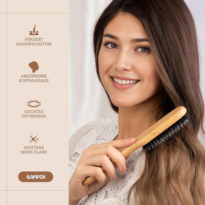 Бамбукова щітка для волосся Lampox з щетиною дикого кабана, масажна щітка для голови, розпушувач для довгих волосся та кучерів, для жінок, чоловіків та дітей