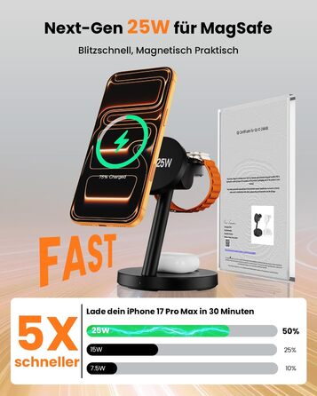 Зарядна станція JoyGeek 3-в-1 MagSafe 25W для iPhone 17/16, Apple Watch, Samsung Watch та AirPods з адаптером 45W (Чорний матовий)
