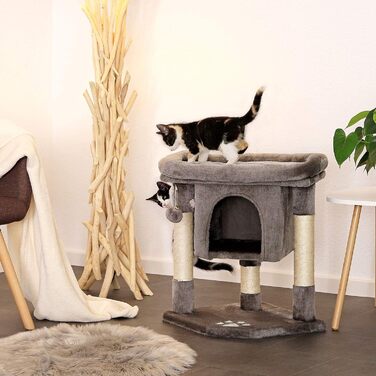 Lionto Scratching Post for Cats with Cave & 2 Plush Balls incl. Bell, Height 60 cm, Cat Tree with Robust Sisal Rope & Soft Plush, Cozy Lying Area, for Small & Large Cats (Dark Grey)
