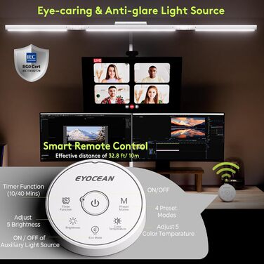 Стіл лампа з 3 джерелами світла, 24W, 100см, денне світло, з пультом керування, регульована яскравість, лампа для офісу та дому (Mattweiß)