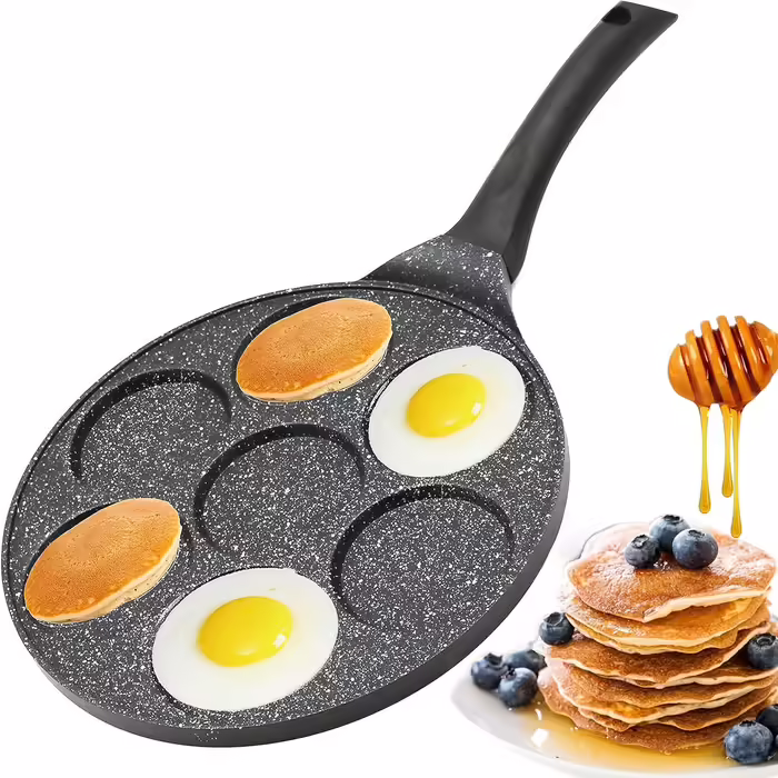 Amalindo Pancake Pan Induction, 4 Holes, Pancake Mold, Fried Egg Pan, Pancake Maker, Poffertjes Maker, Non-Stick Pan, Egg Pan, Fried Egg Pan, Pancake Pan, Ø26cm (7 Hole Black)