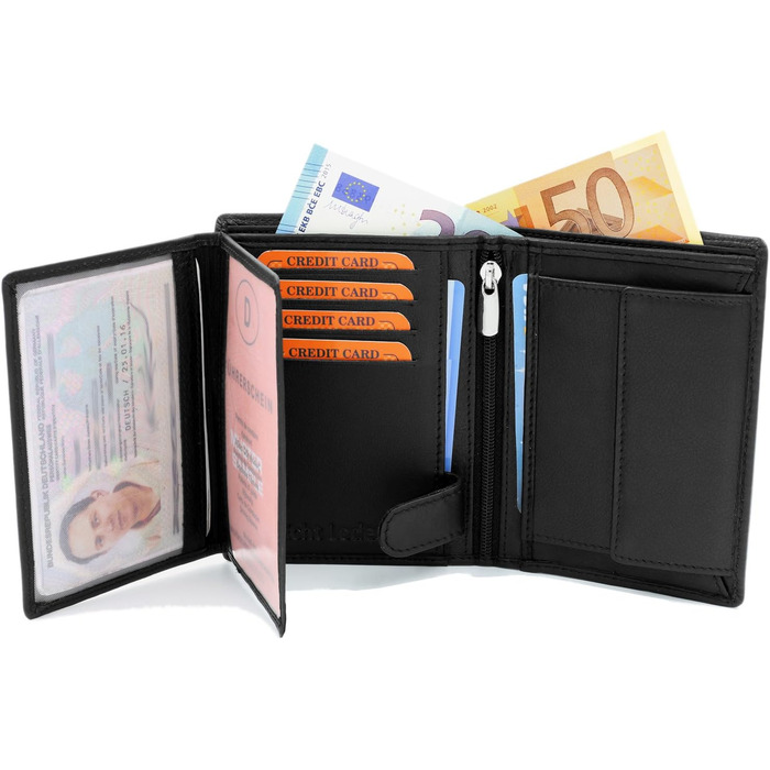 Fa. Volmer Black Leather Wallet made of genuine leather in portrait format with TÜV-tested RFID protection Phoenix 3, Black