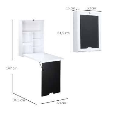 HOMCOM Wall Table Folding Desk with 5 Compartments, White and Black Board, 60x94.5x147cm, Space-Saving for Home Office