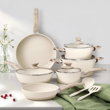 Набір посуду для індукції DishDelight, 12 предметів, гранітне антипригарне покриття, бежевий колір. Каструлі та сковороди з кришками.