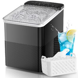 Машина для льоду FOHERE портативна, самоочисна, 14 кг/24 год, 2 розміри, компактний дизайн, керування однією кнопкою, інтелектуальні сповіщення, з лопаткою та кошиком для дому/бару/офісу/кемпінгу (чорний)