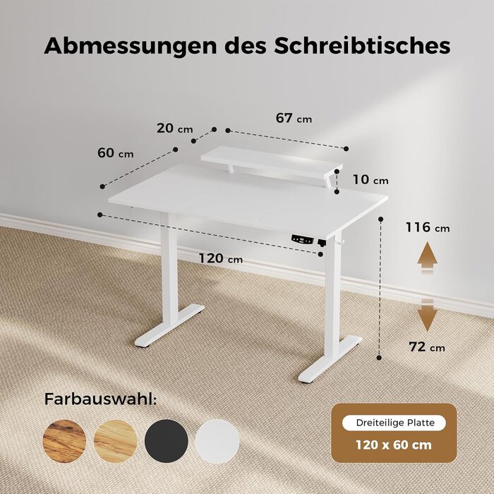 Електричний регульований стіл Agilestic з підсвічуванням, USB-портом та мобільним тримачем монітора. Комп'ютерний стіл з 3-секційною стільницею (білий, 120 x 60 см)