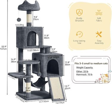 Котячий комплекс YITAHOME XXL з сизалевими стовпцями, 3 платформами, 2 хованками, гамаком, іграшками та когтеточкою, 137 см (темно-сірий)