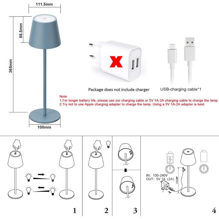 LED-лампа Klighten: 2 шт. акумуляторні настільні лампи з димуванням, USB-C, IP54, для дому та вулиці (блакитні)