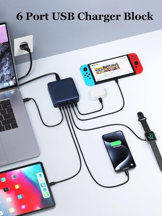 Мережевий зарядний пристрій USB-C на 200W з 6 портами GaN III Tech, PD+QC, з 4 USB-C та 2 USB-A, 65W для ноутбука, швидка зарядка для MacBook/iPad/iPhone 16/15/Samsung (блакитний)