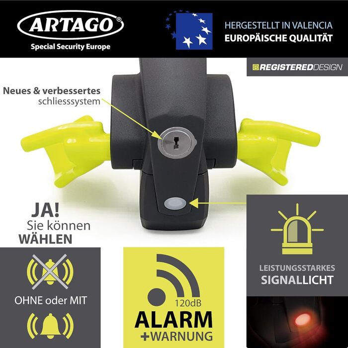 ARTAGO 870 Блокіратор керма 2-в-1 з сигналізацією 120дБ і LED, протиугінний замок для авто, на кермову спицю, преміум якість