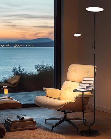 Стійка лампа LuminexDesigns з регулюванням яскравості, 36W+7W LED, 3200LM+600LM, 2700K-6500K, чорний колір. Сучасна підлогова лампа для вітальні з пультом дистанційного керування та функцією настільної лампи.